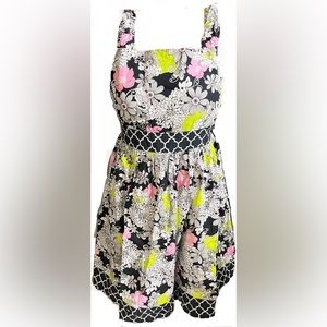Bonnie Jean dress, flower print, black white pink and green, Size 20 and 1/2